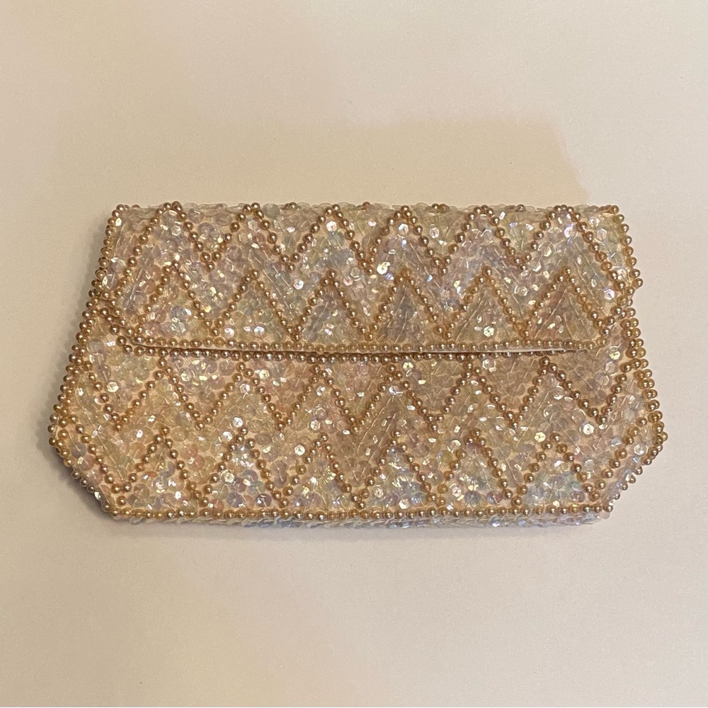 Vintage in box Beaded Clutch, beige and white, purse, pocket book